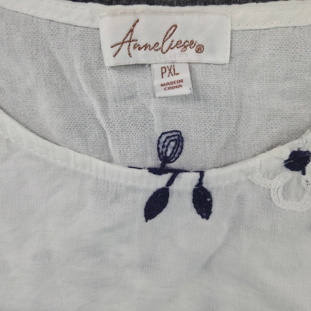 Anneliese PXL White Floral Embroidered Blouse Smocked Cuff Whimsical Cottagecore